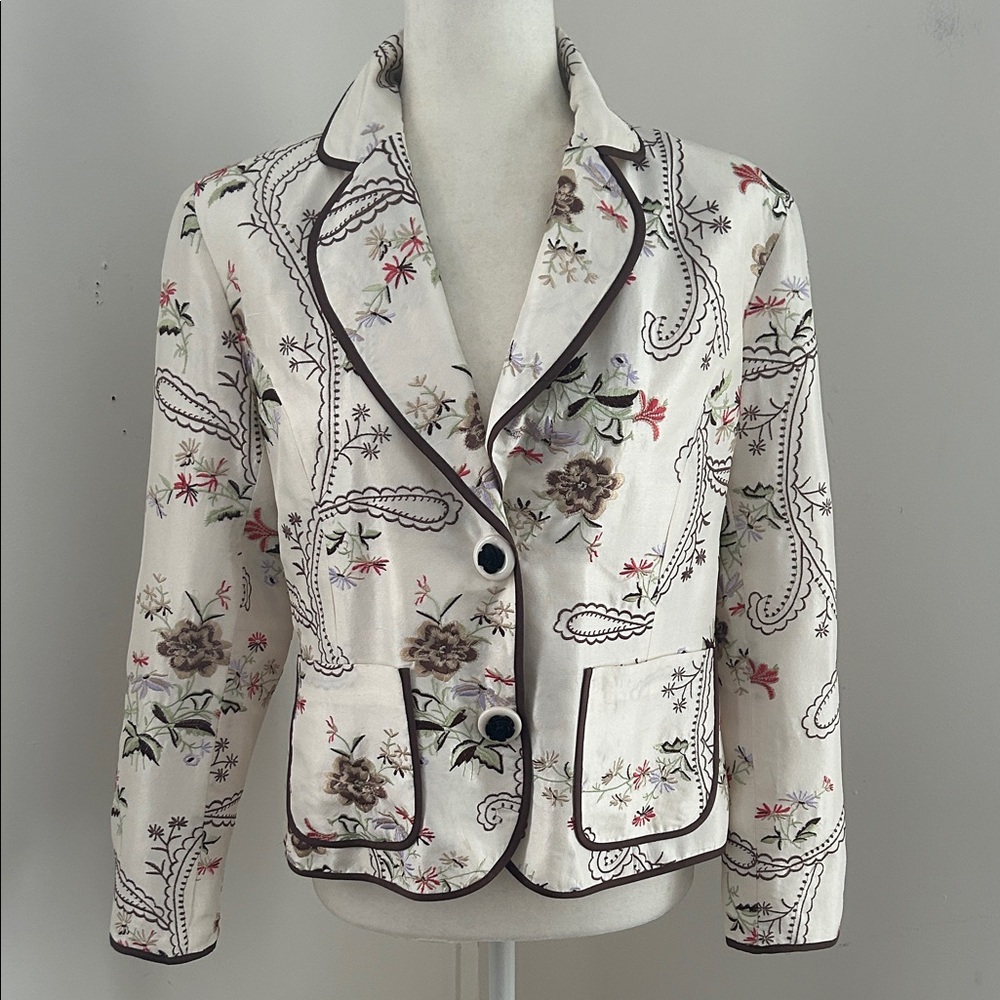 Keke Collection Floral Embroidered Cream/Briwn/Orange Silk Blazer sz M